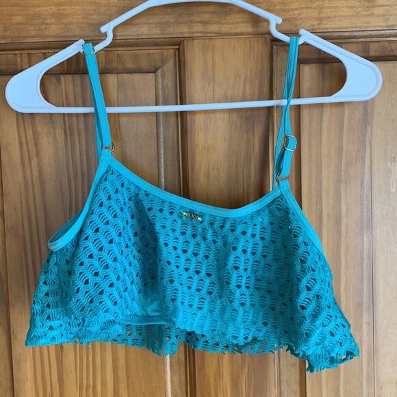 2/$22 Roxy Ruffle Mesh Eyelet Western Ruffle Turquoise Modest Bikini Swim Top - Picture 4 of 6